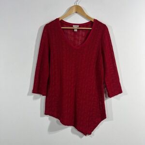 Chicos Red Open Knit Sweater Asymmetrical Hem 3/4 Sleeve Womens Medium Beachy